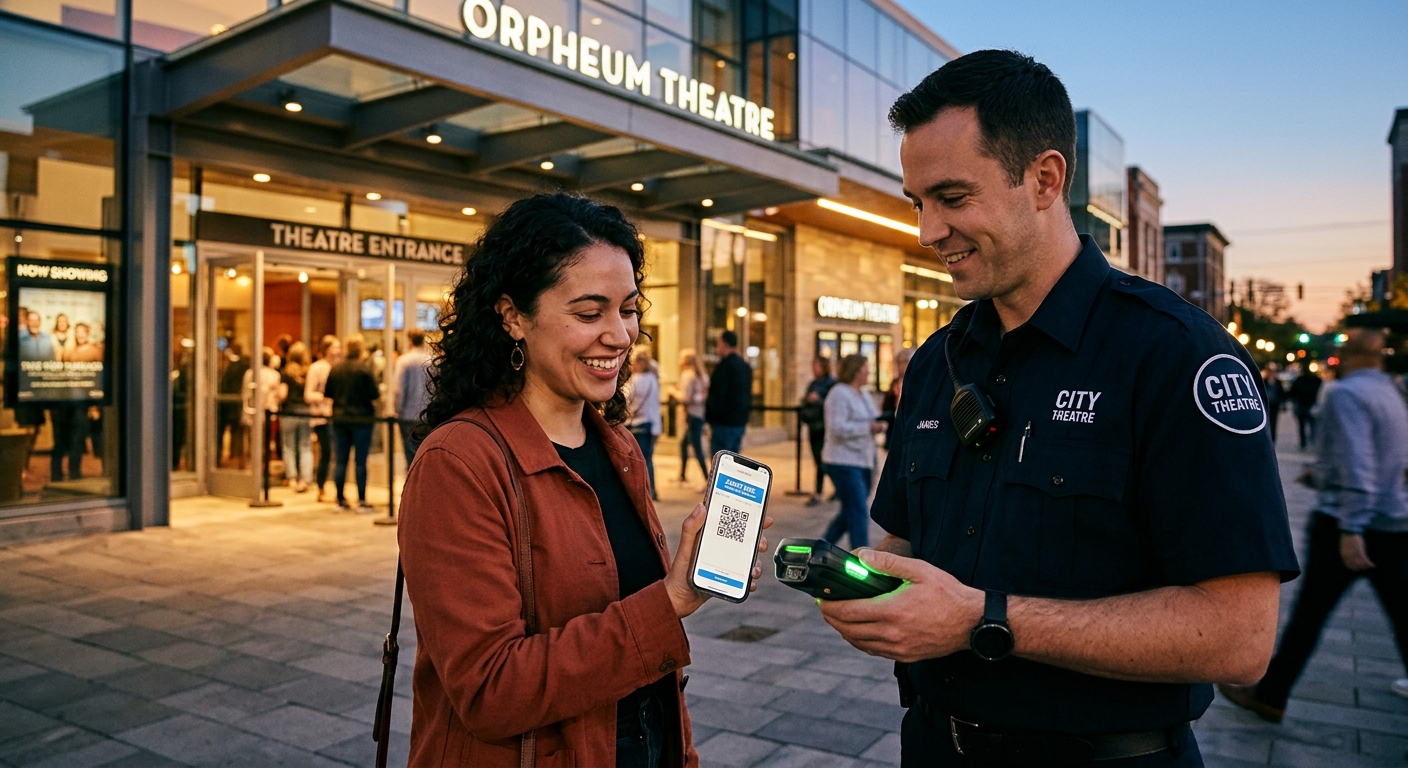 אישה מחייכת מציגה כרטיס דיגיטלי עם קוד QR בטלפון החכם לסדרן שסורק אותו בכניסה לתיאטרון