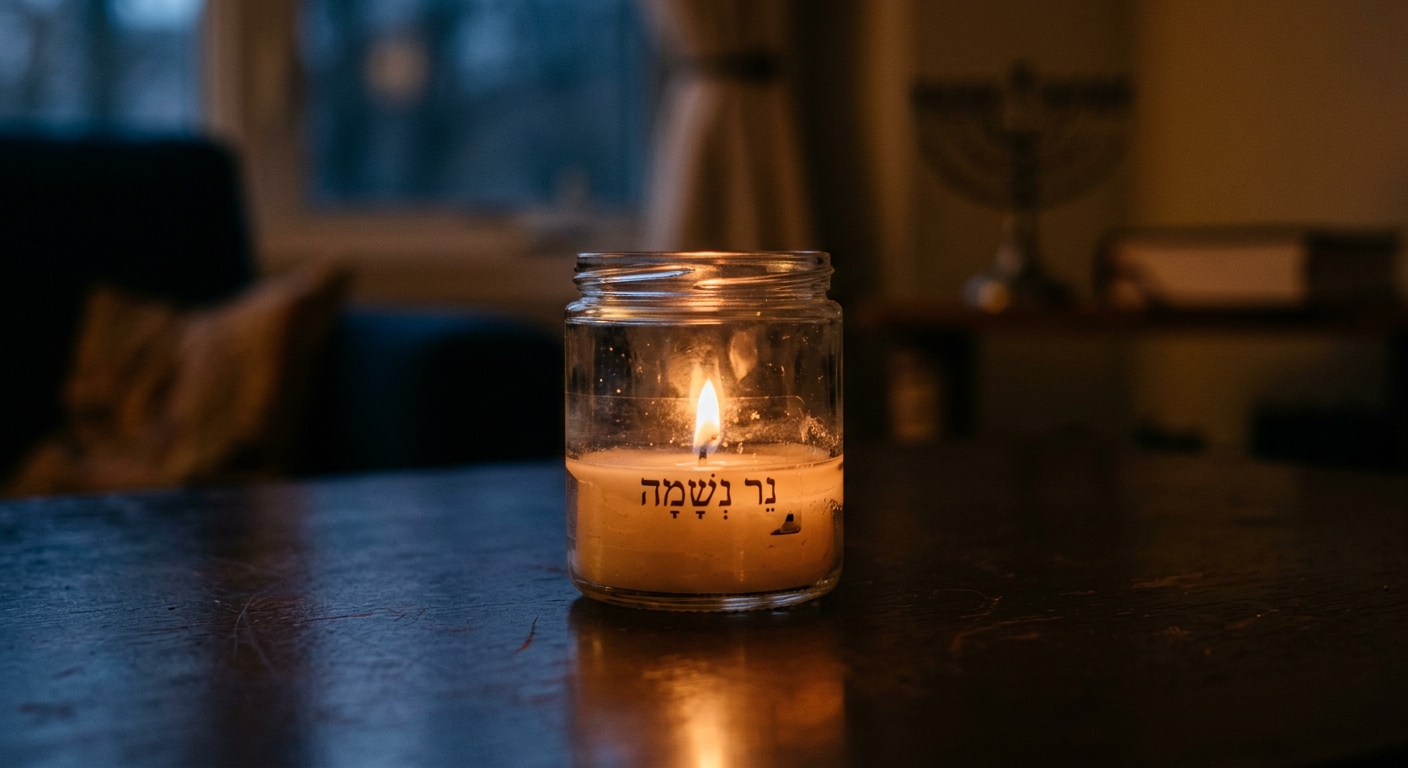 נר נשמה דולק בצנצנת זכוכית מונח על שולחן עץ כהה, ברקע סלון ביתי מטושטש הכולל חנוכייה וספר.