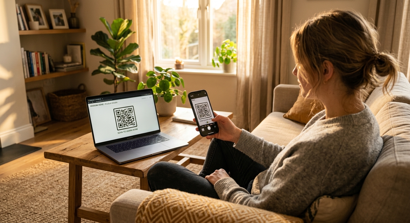 אישה סורקת קוד QR ממסך מחשב נייד בעזרת טלפון חכם בזמן ישיבה על ספה בסלון ביתי מואר